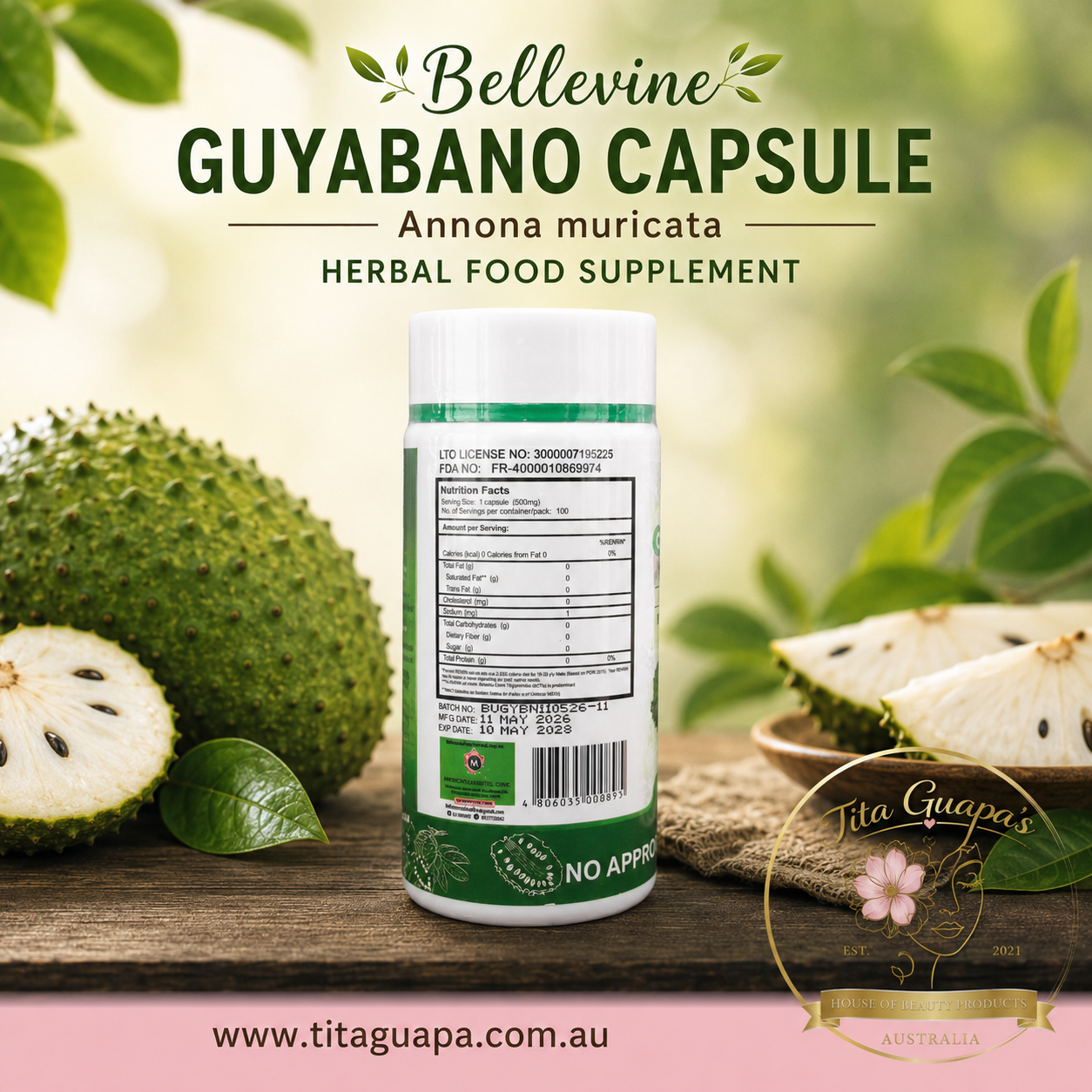 Bellevine Guyabano Capsule (Annona muricata) Herbal Food Supplement - 100 Capsules