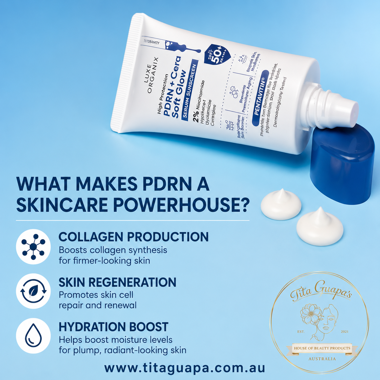 Luxe Organix High Protection PDRN + Cera Soft Glow Serum Sunscreen SPF50+ PA++++ (40g)
