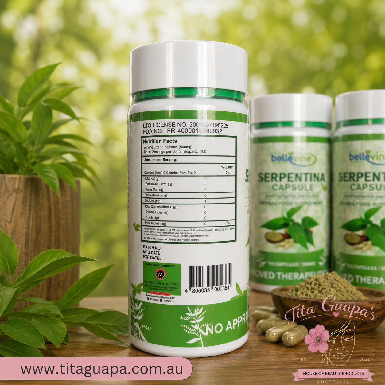Bellevine Serpentina Herbal Food Supplement  - 100 Capsules