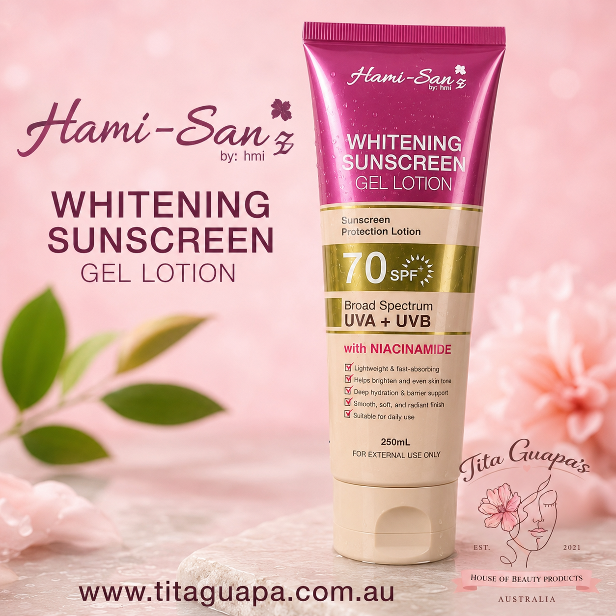 Hami-San Whitening Sunscreen Gel Lotion SPF70 with Niacinamide 250mL