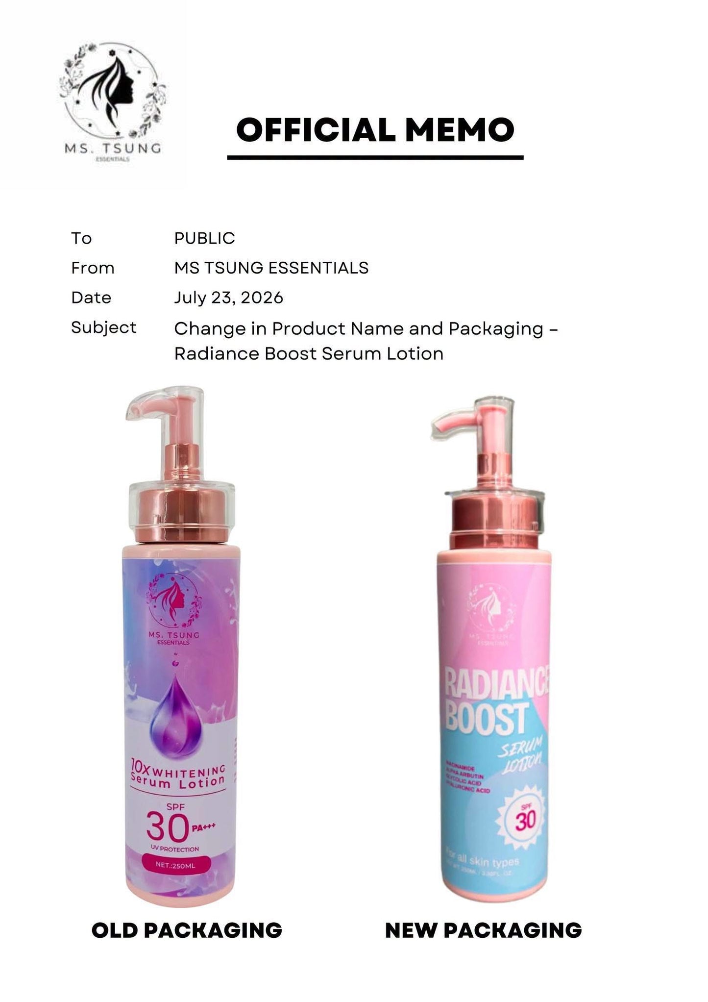 Ms Tsung Essentials Radiance Boost Serum Lotion SPF30 – 250ml