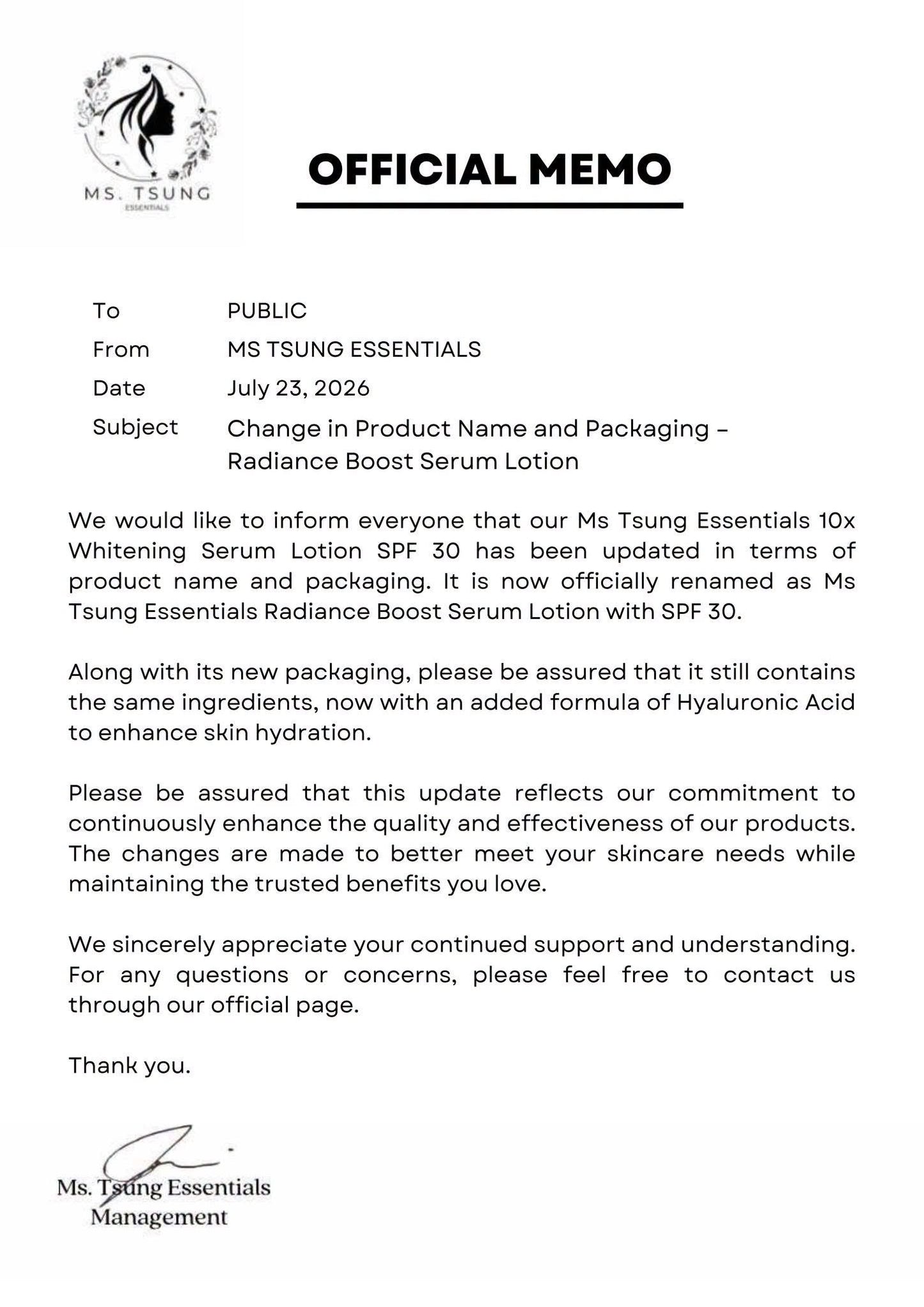 Ms Tsung Essentials Radiance Boost Serum Lotion SPF30 – 250ml