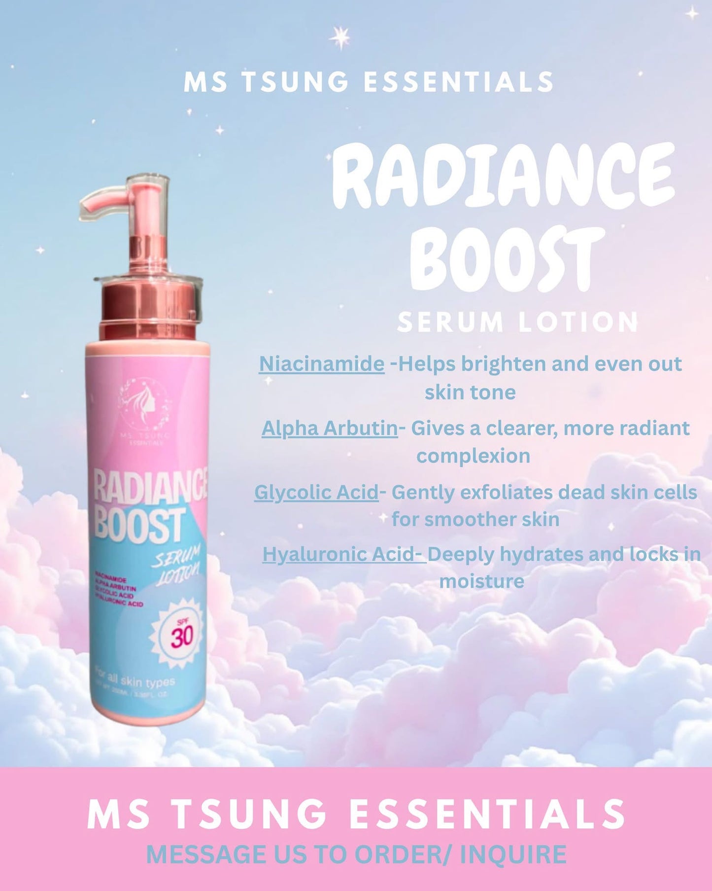 Ms Tsung Essentials Radiance Boost Serum Lotion SPF30 – 250ml