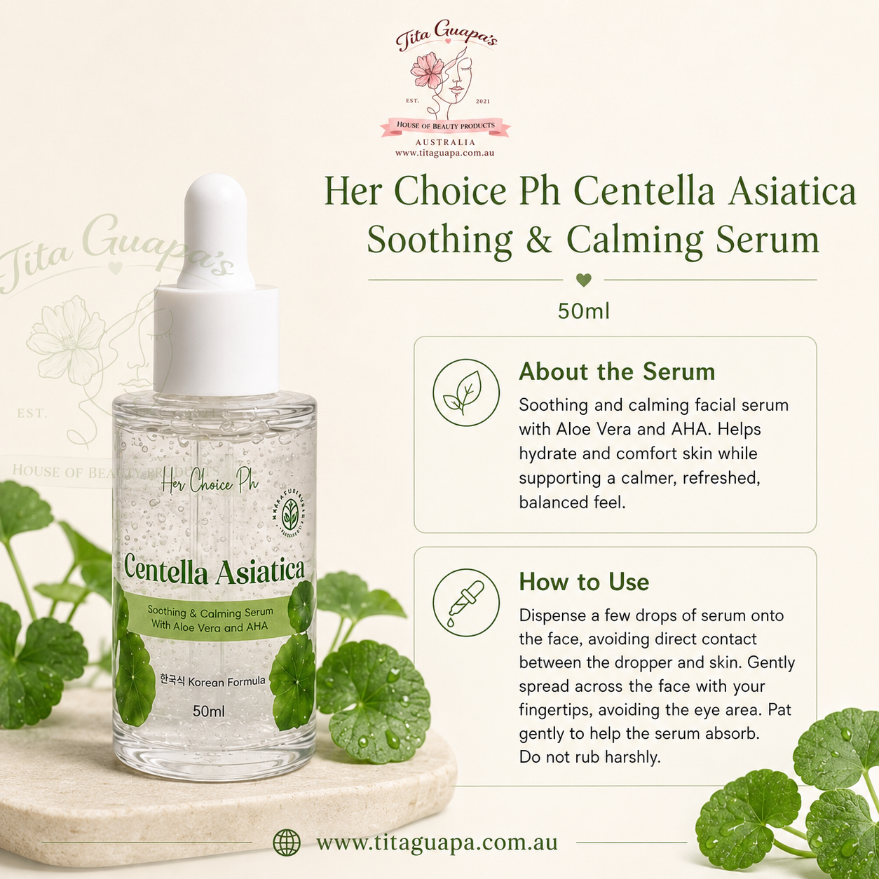 Her Choice Ph Centella Asiatica Soothing & Calming Serum with Aloe Vera & AHA 50ml