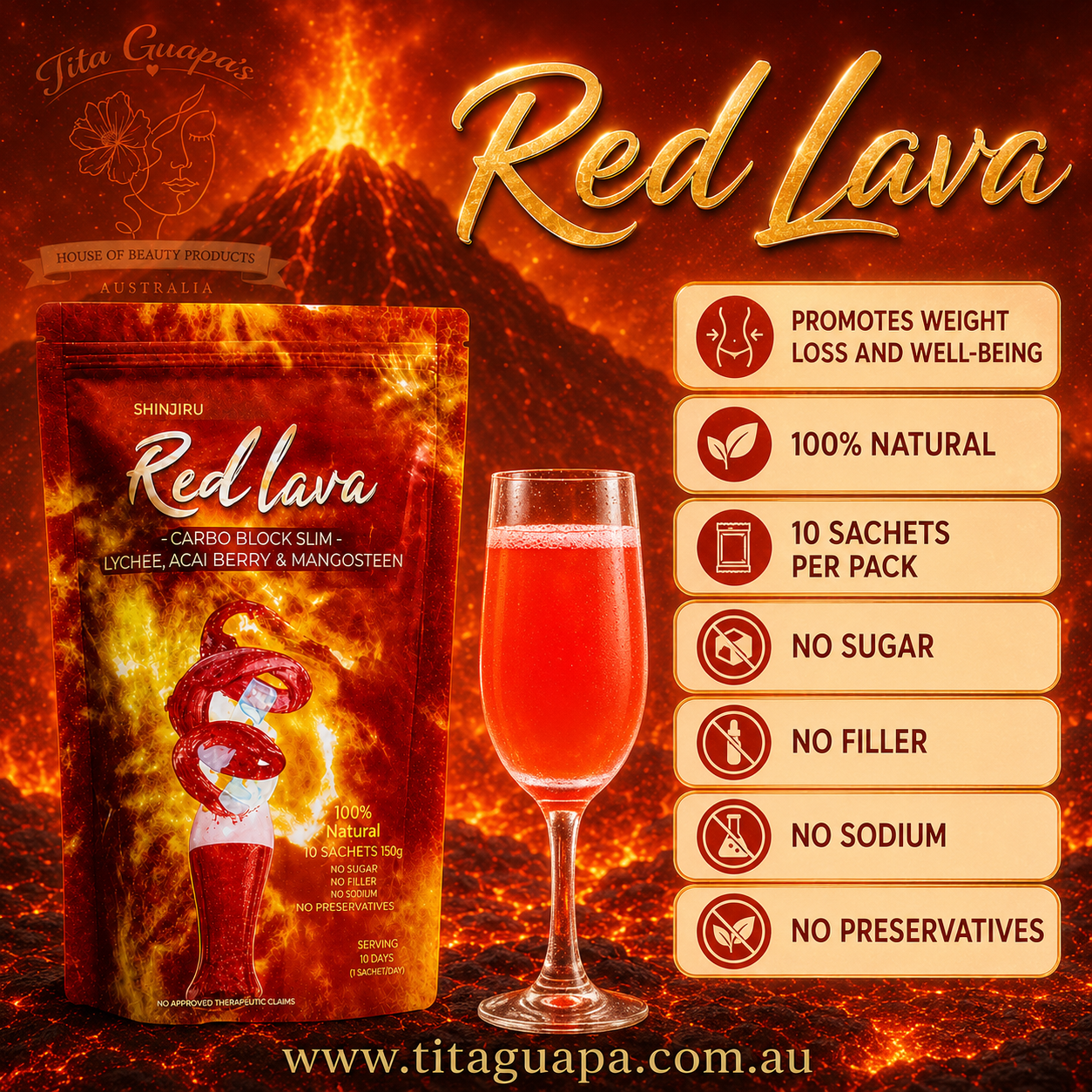 SHINJIRU Red Lava Carbo Block Slim – Lychee, Acai Berry & Mangosteen | 10 Sachets